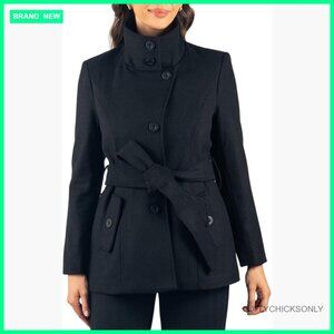 Wool Blend Convertible Funnel Neck Coat with Removable Belt 3-in-1 Peacoat